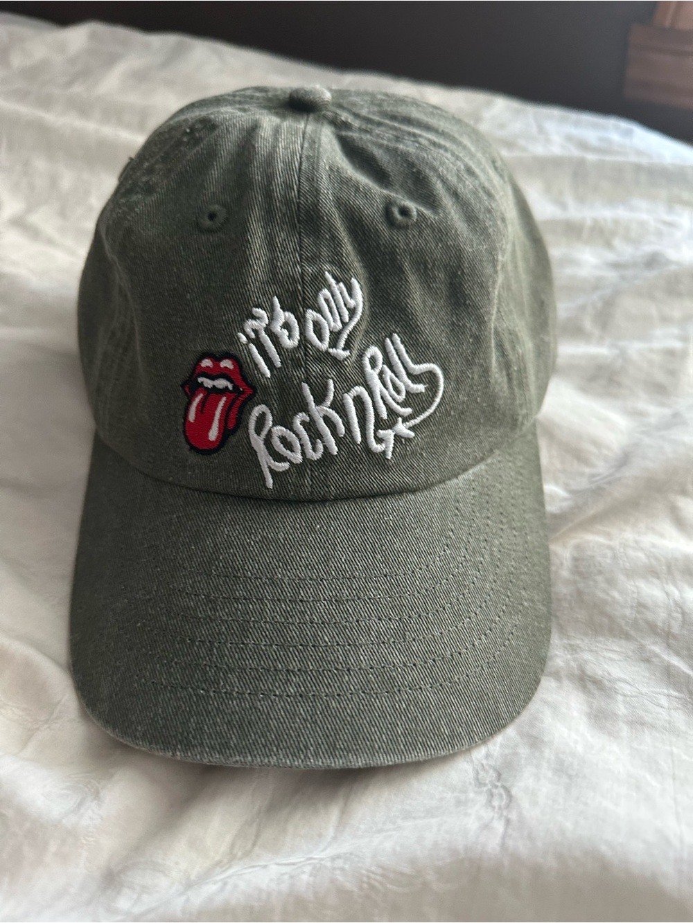 Rolling Stones Olive Green Baseball Cap with Embroidered Lips and Script